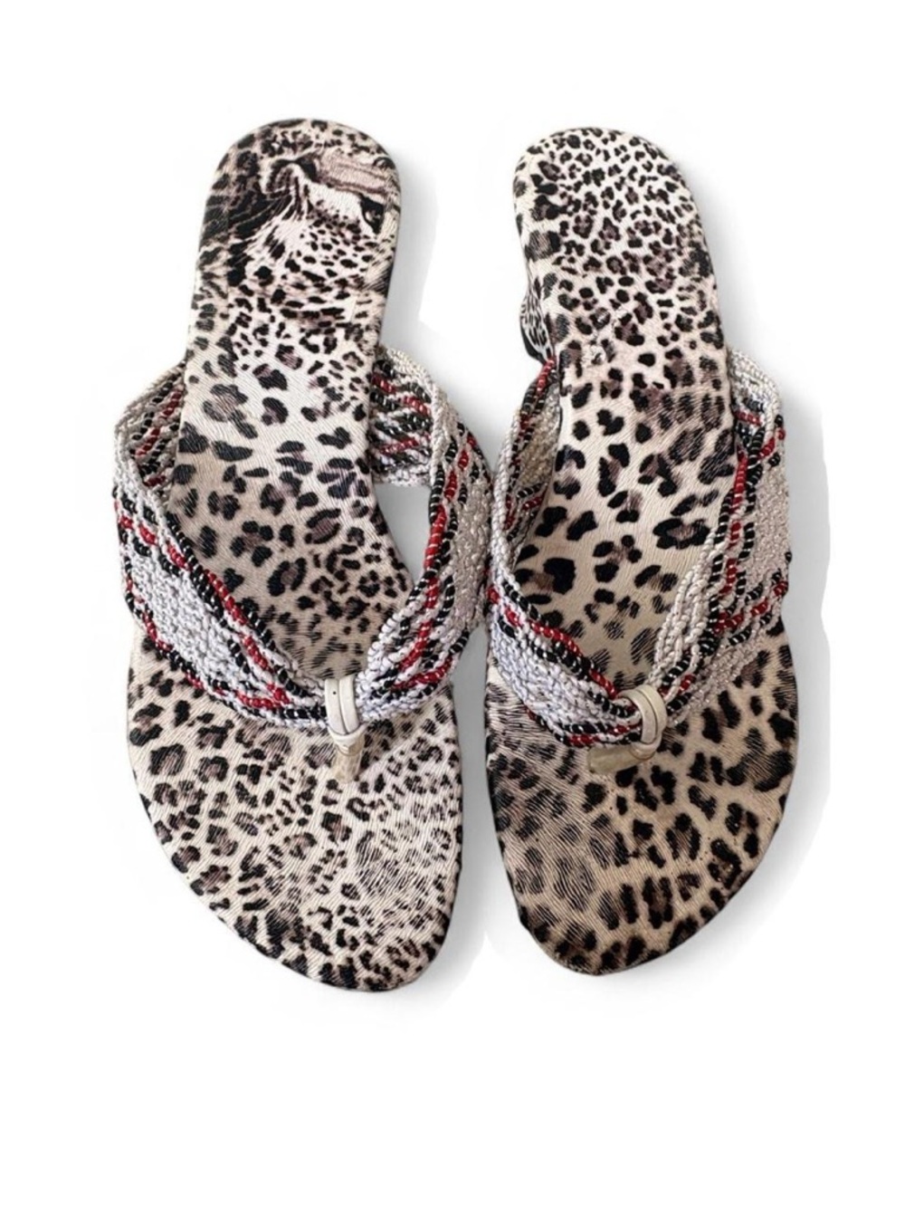 Missoni Leopard Print Braided Thong Sandals with Red Accents